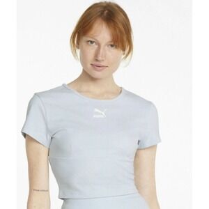 Puma Women's Classic Structured Crop Basic T-shirt Blue Size M